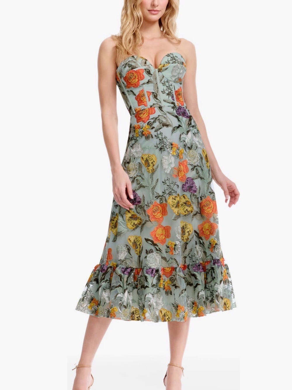 Strapless Sage Floral Midi Dress with Sweetheart Bodice